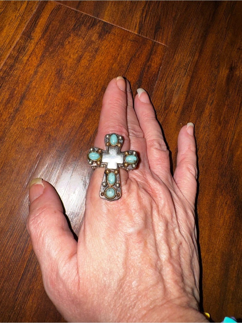 Vintage Silver Cross adjustable ring with Turquoise Cabochons - Picture 2 of 5